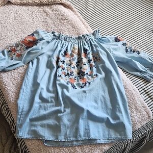 Embroidered Off-Shoulder Blue Top